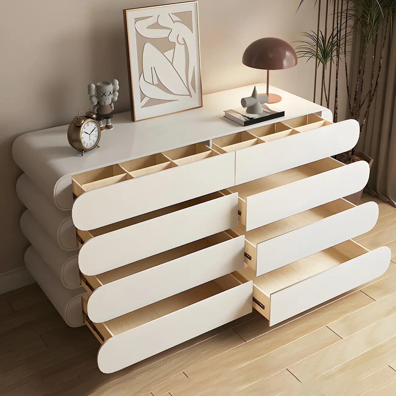 Glam White Oval Wooden Double Dresser with Soft Close Drawers