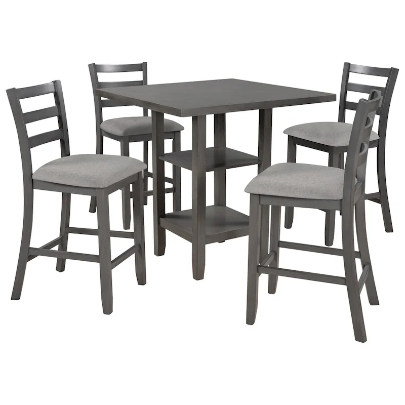5-Piece Counter Height Wooden Dining Table Set with 4 Chairs & Shelf