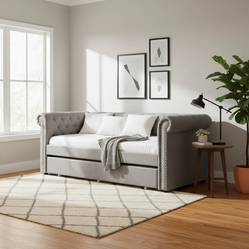 Twin Size Daybed with Attached Trundle and Nailhead Trims,Gray