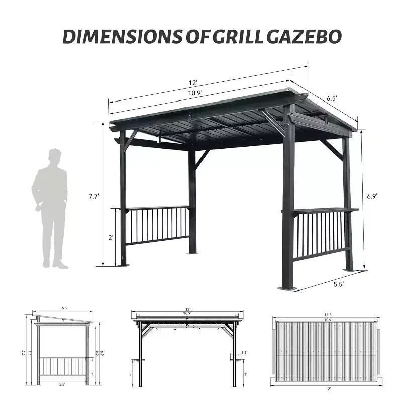 Clihome 6.5'x 12' Hardtop Grill Gazebo with Side Shelves & Hooks