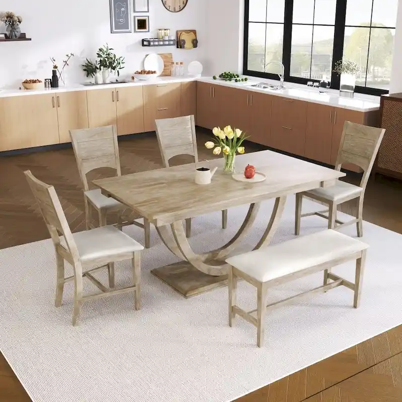 Solid Wood Dining with Half-Round Legs, 4 Chairs & Bench – Natural / Grey, Seats 6