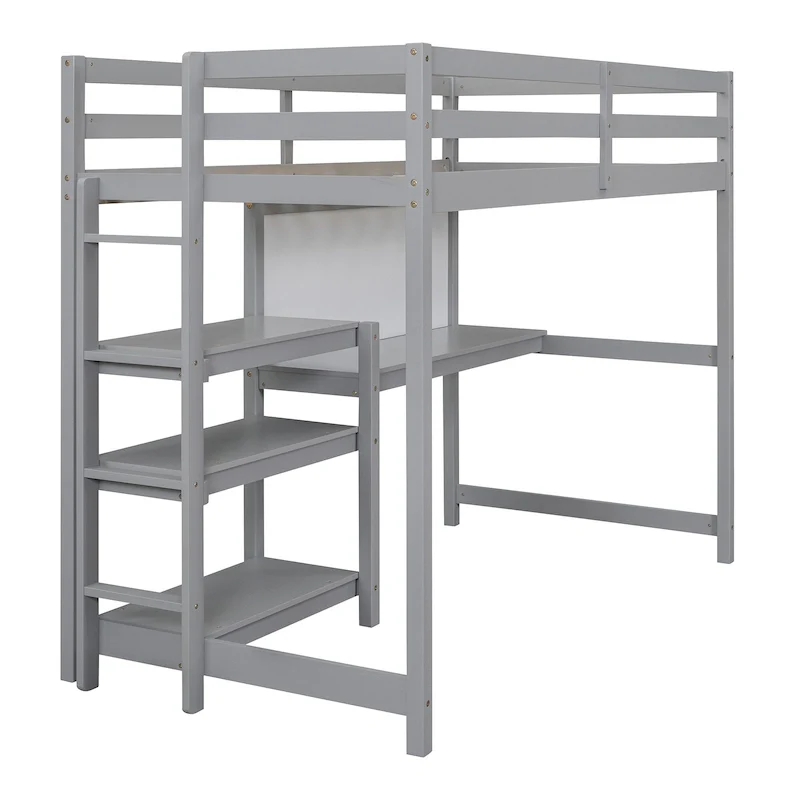 Wooden Loft Bed with Shelves and Desk