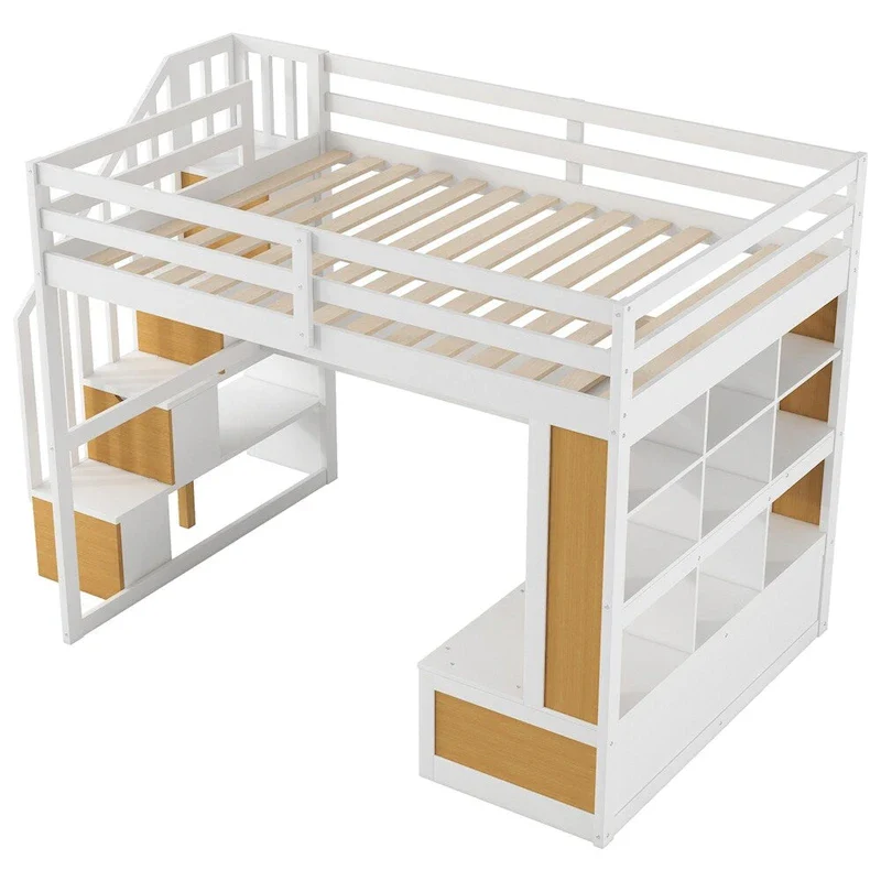 White Full Size Loft Bed with Desk, Shelves & Storage Staircase, Single