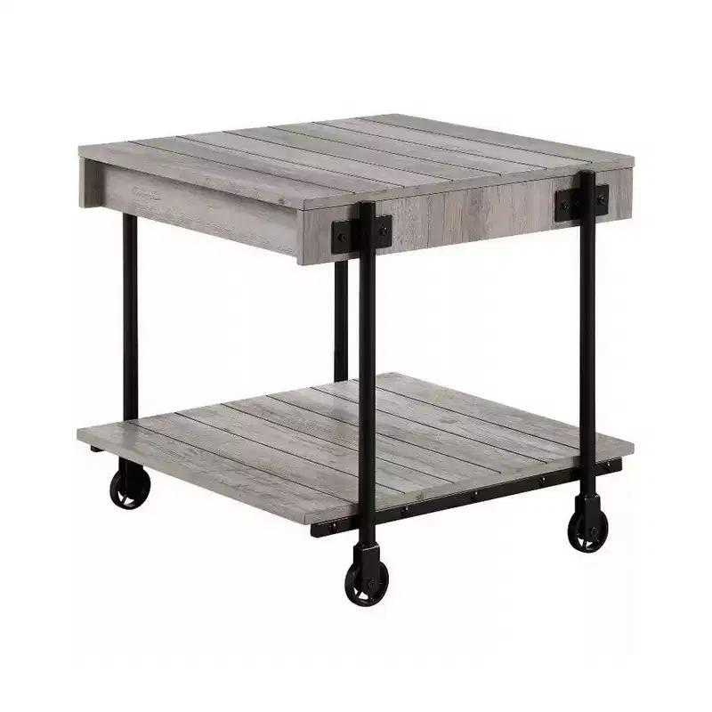 Royal Hampton 24 Inch Side End Table, Plank Design, Caster Wheels, Brown, Black