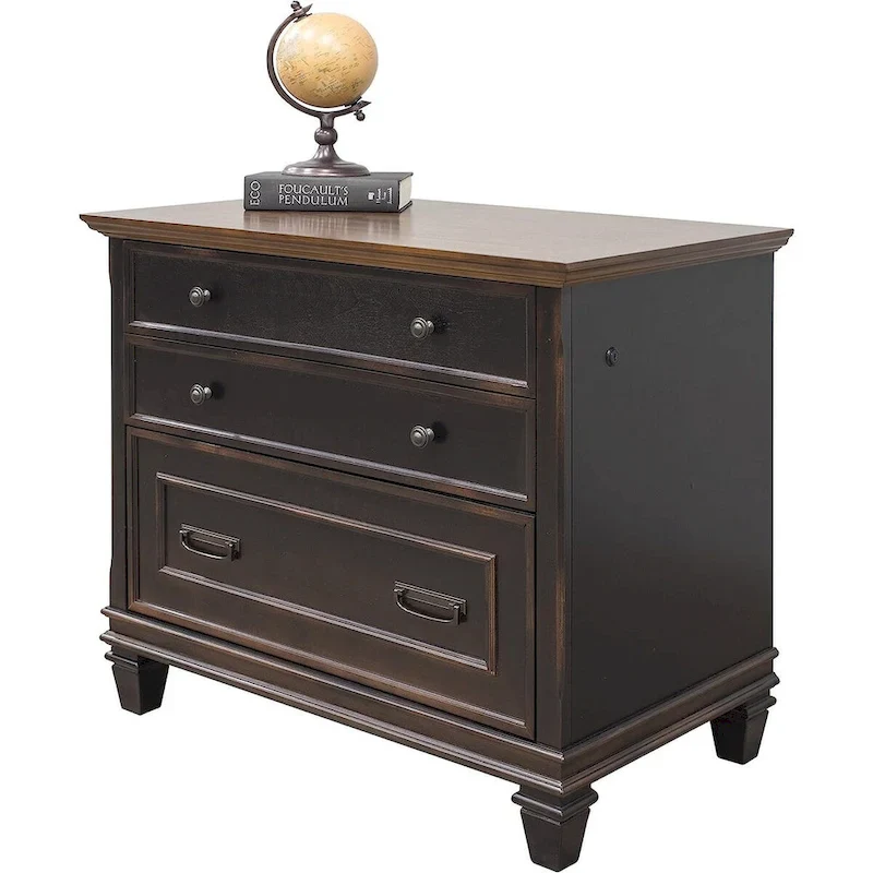 Black Wood Lateral File Cabinet with Locking Drawer