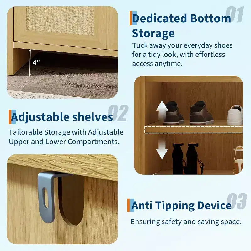 Shoe rack storage cabinet at the entrance, with a door and adjustable, suitable for corridors and living rooms, made of light oak material