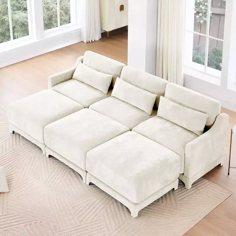 3-Seater Chenille Fabric Beige Sofa with 3 Movable Ottomans and Lumbar Pillow High Quality Wooden Base High Resilience Sponge