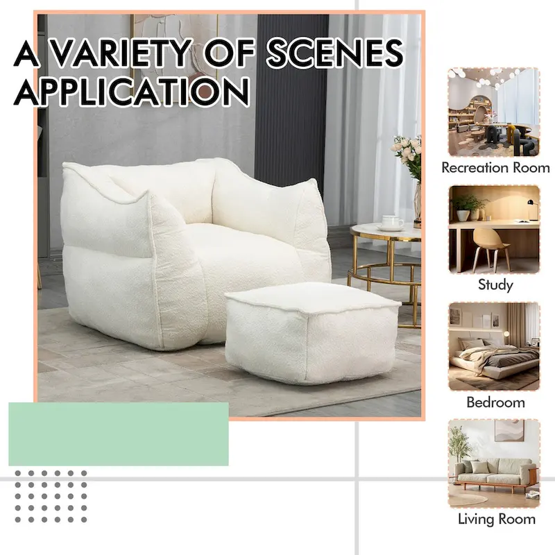 Boucle Upholstered Deep Seat Armless Square Bean Bag Chair with Ottoman