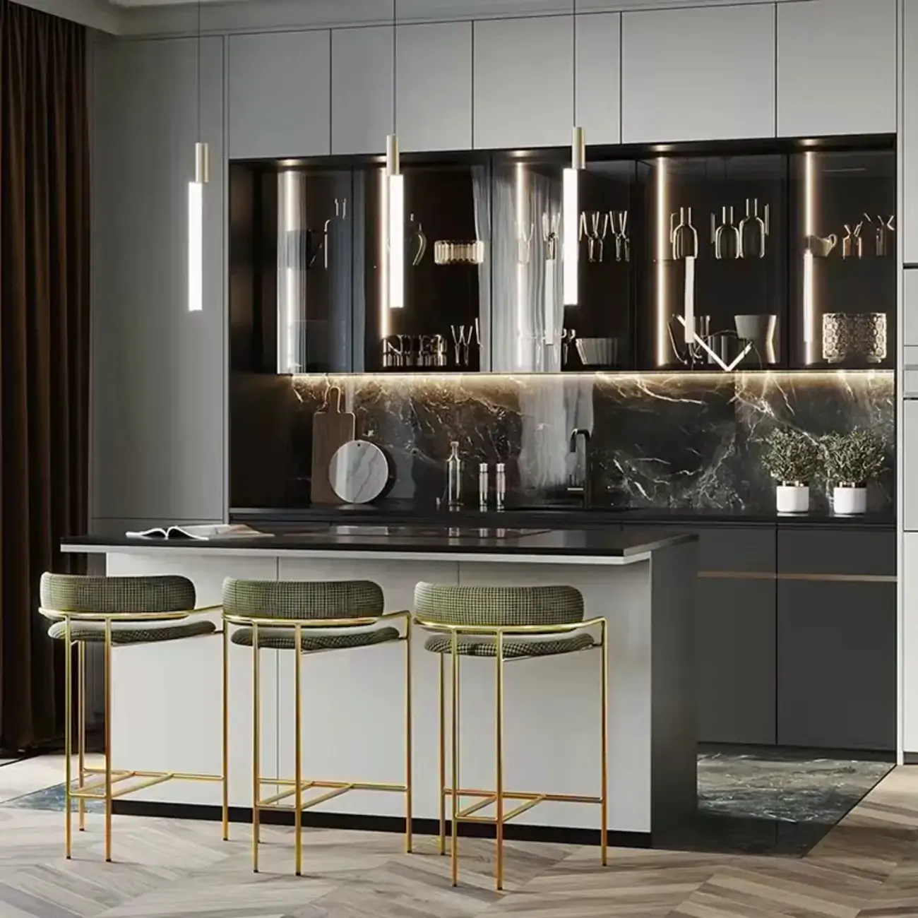 Art Deco Gold Green Cotton Upholstered Bar Stool