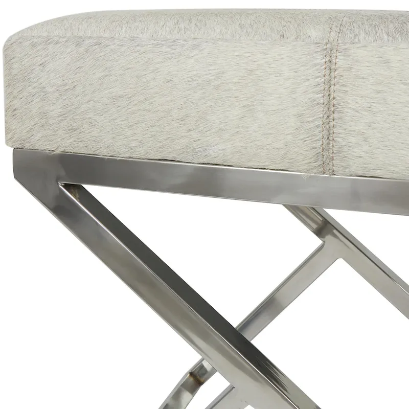 Leather Geometric Home Bench with Angled Silver Metal Base - Light Grey