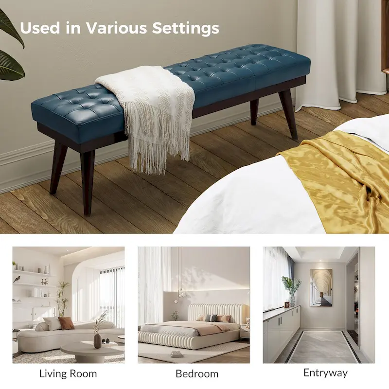 Genuine Leather Tufted Bench with Solid Wood Base