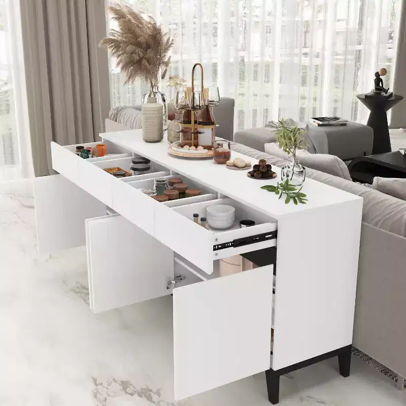 Famapy White Modern 4 Doors Sideboard Buffet With 4 Storage Drawers