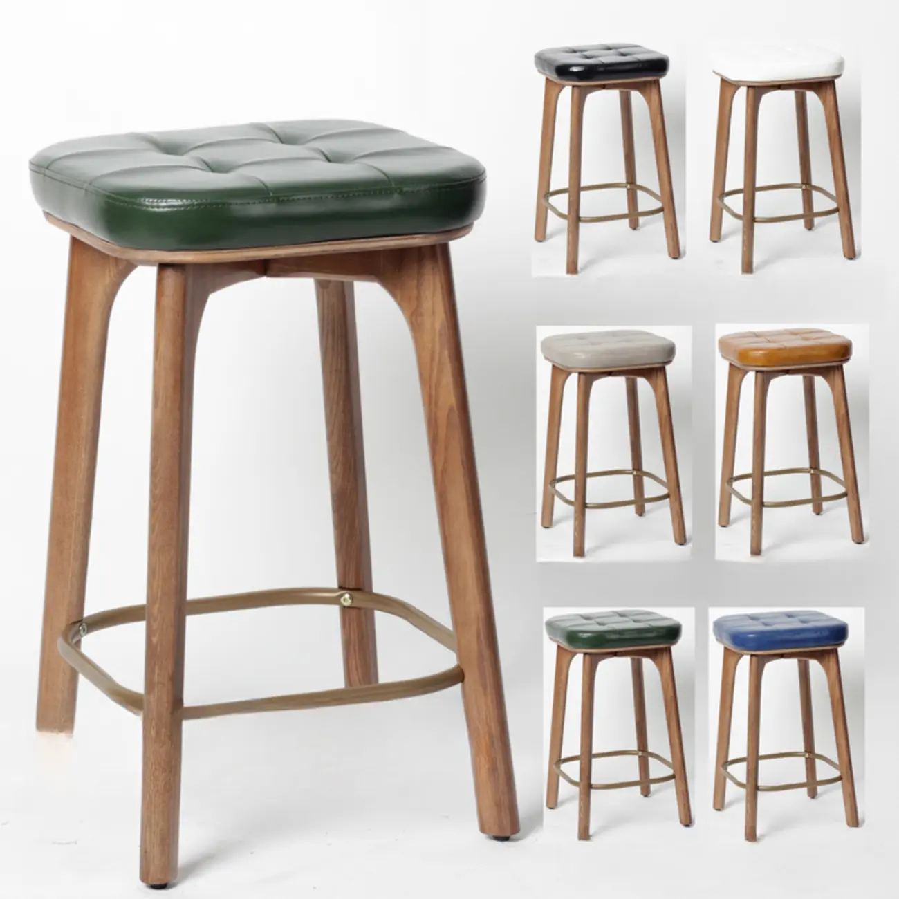Scandinavian Wood Tufted Leatherette Bar Stools Backless