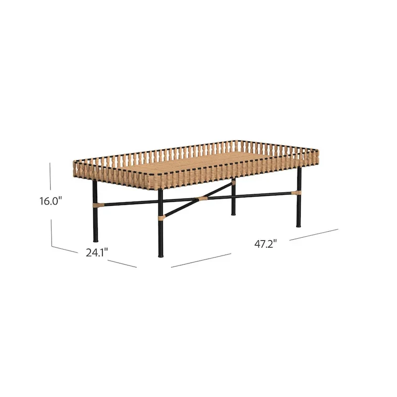 Natural Rattan Coffee Table with Black Iron Base