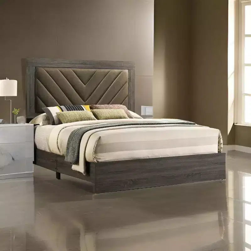 Royal Hampton Upholstered Queen Size Bed, Chevron Tufted Brown Headboard, Dark Gray