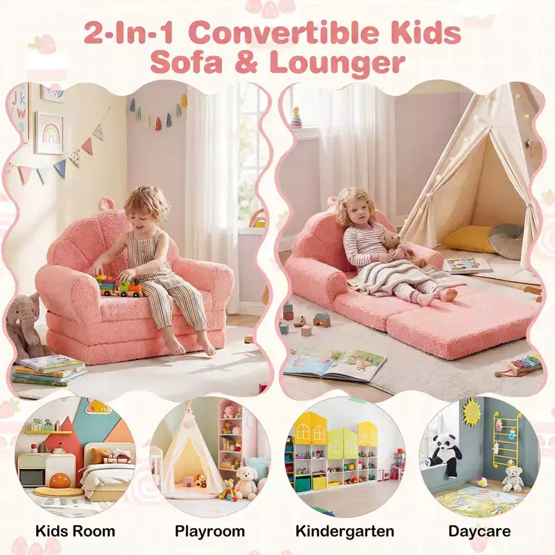 Costway Fold-out Kids Sofa 2-in-1 Convertible Toddler Couch & Lounger with Non-slip Base Beige/Green/Pink