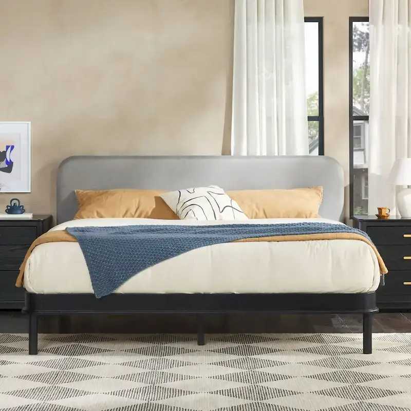 Solid Wood King Size Bed Frame with Curved Upholstered Headboard