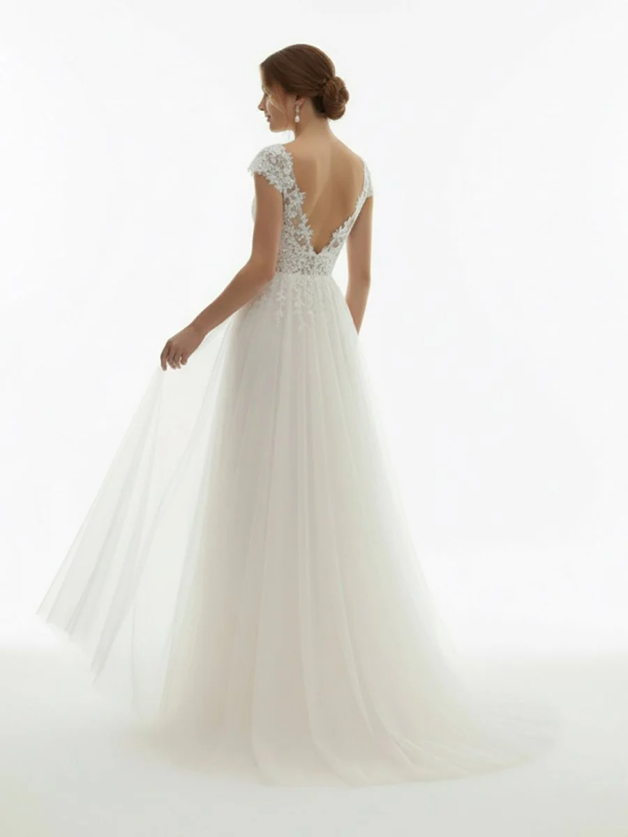 Sexy A Line Plunging Neckline Tulle Sweep Train Wedding Dress with Appliques