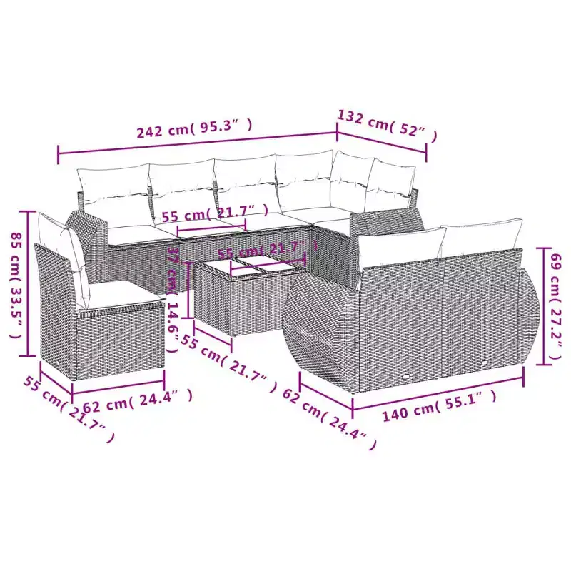 vidaXL 8 Piece Patio Sofa Set with Cushions Brown Poly Rattan