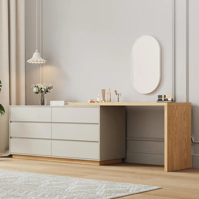 55.2 Inch White Corner L-Shaped Dressing Table with 6 Drawers Perfect for Bedrooms or Study Rooms