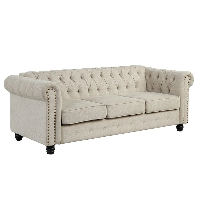 Linen Chesterfield Sofa with Button Tufted, Nailhead and Solid Wood Legs