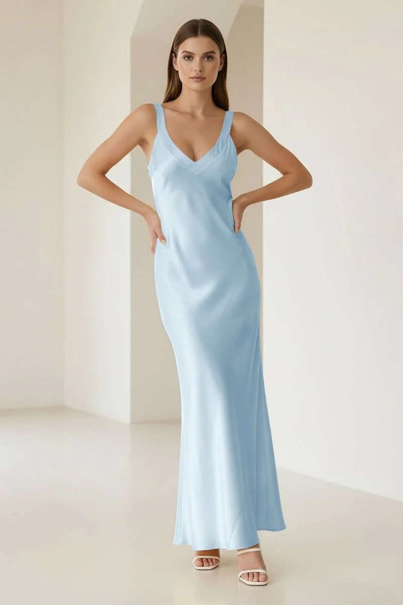 Yellow Mermaid Satin V Neck Long Party Dress