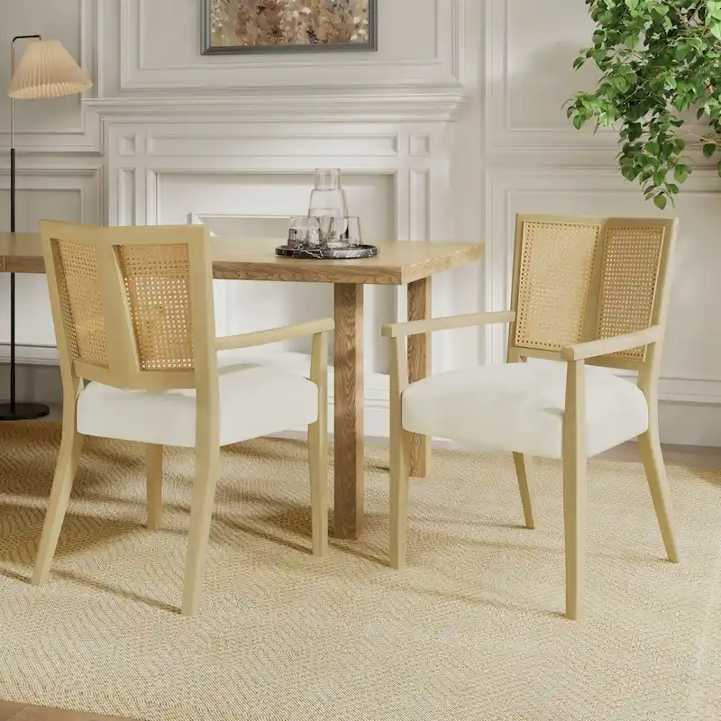 Mid-Century Upholstered Arm Dining Chair Set of 2 with Rattan Back