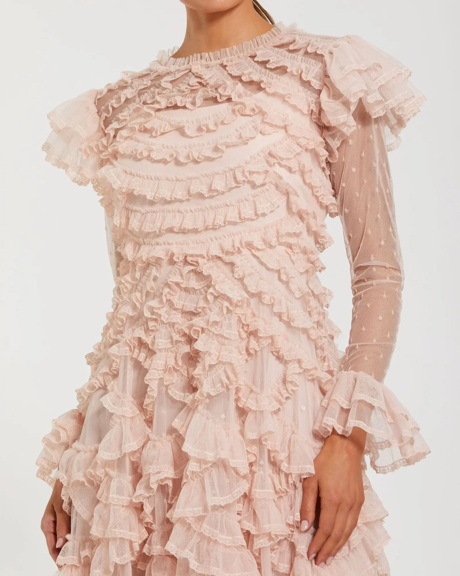 Pink Tiered Ruffle Trim Long Sleeve Midi Dress