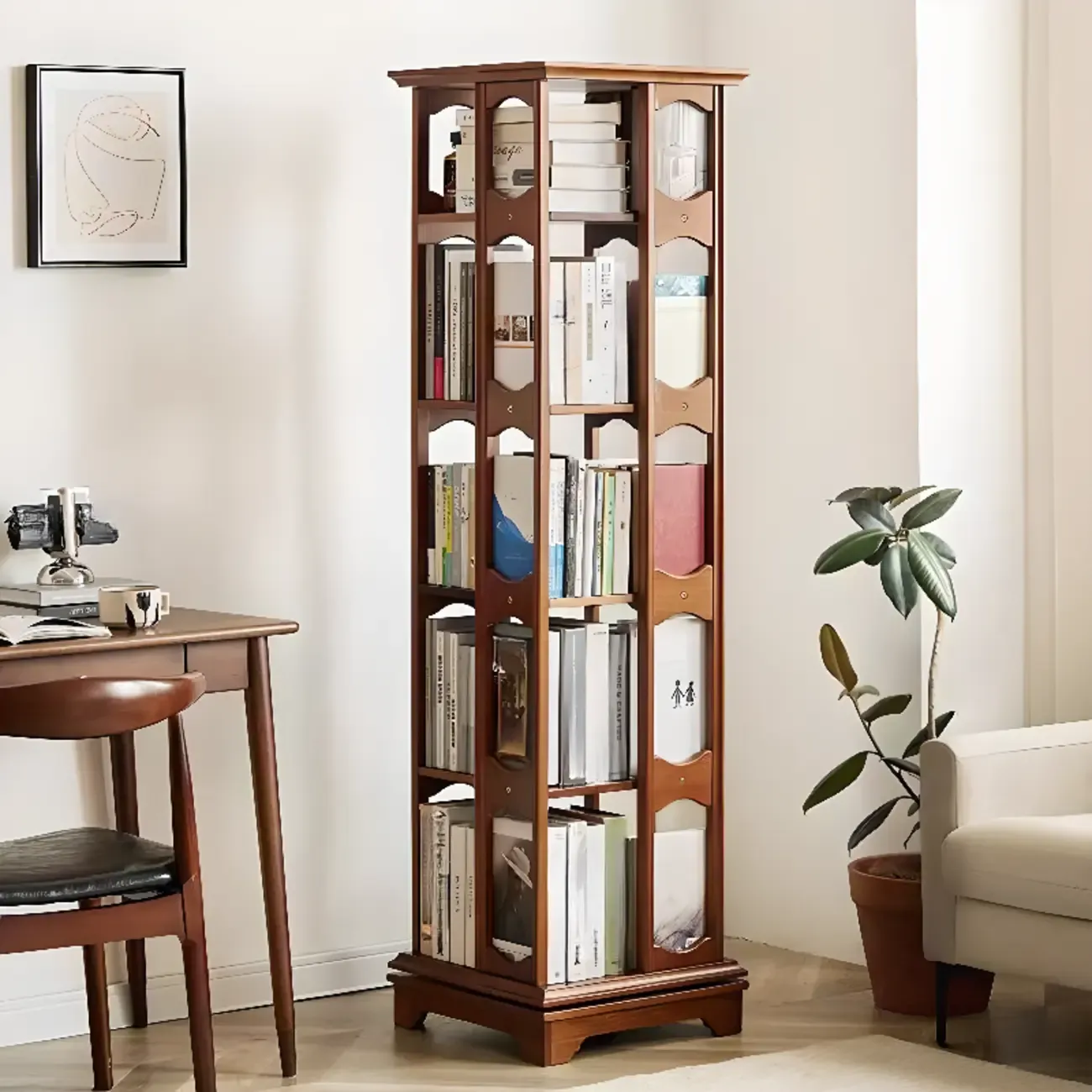 Walnut Tall Wood Multi-Cube Corner Bookshelf with Open Back