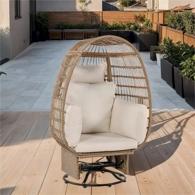 Natural Grey / Beige Rattan Egg Swivel Rocker Chair – 1 Person