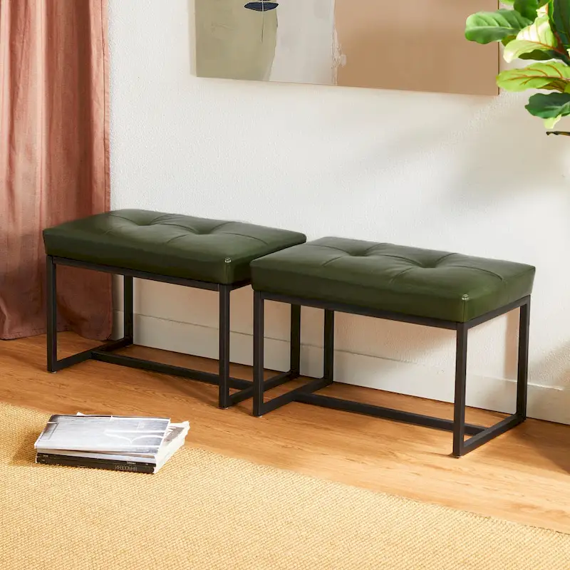 Glitzhome Set of 2 24 W Modern PU Leather Button-tufted Ottoman Foot stool