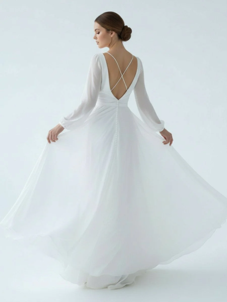 A-Line Illusion Neck Long Sleeves Sweep Train Organza Wedding Dresses