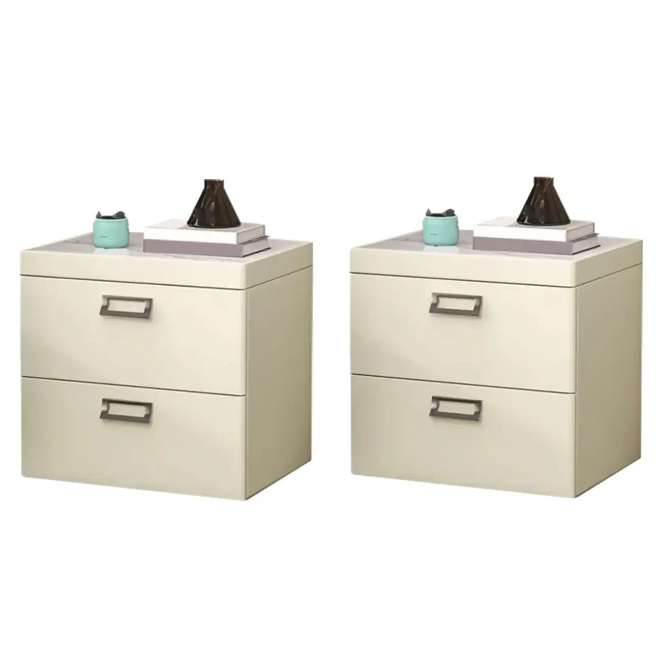 Modern Faux Leather 2 Drawers Nightstand with Stone Top