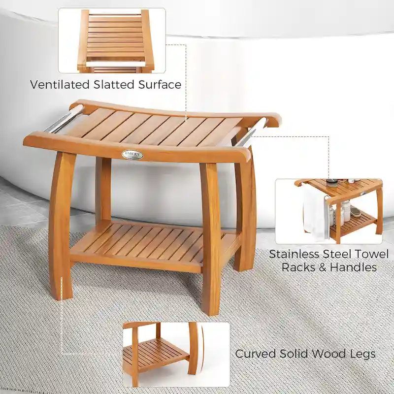 Gymax Teak Wood Shower Bench 2-Tier Wooden Shower Stool w/ Curved Seat