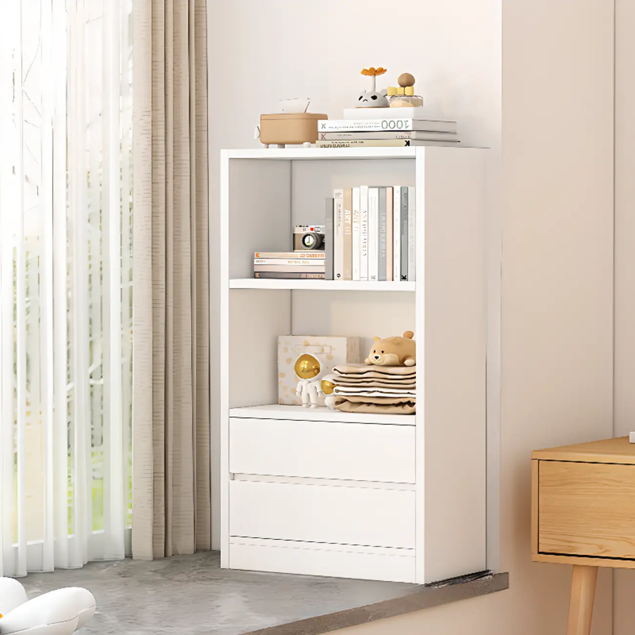Simple Wooden White 3-Tier Bookcase with Drawers