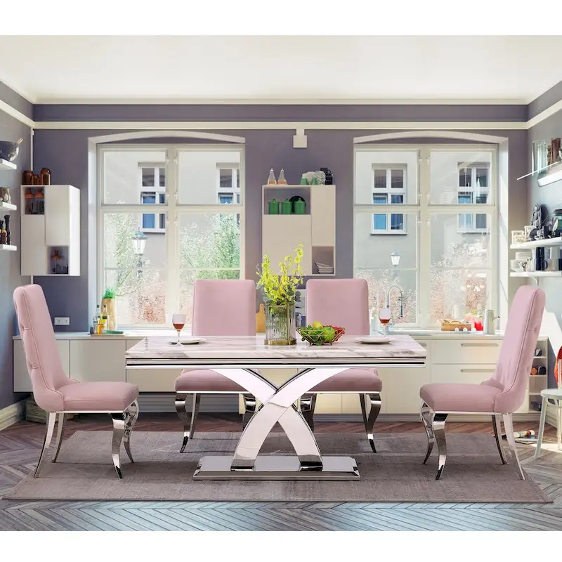 Black and Gold Dining Room Table with 65-inch top and Gold Polished Stainless Steel Metal Double X Base