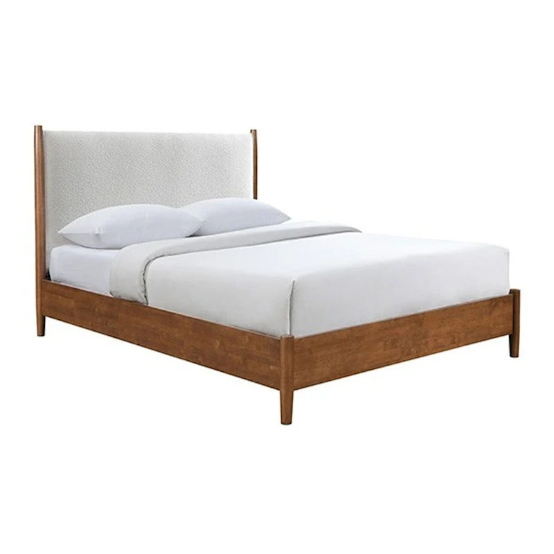Carry Queen Bed, Beige Boucle Upholstered Headboard Walnut Brown Solid Wood