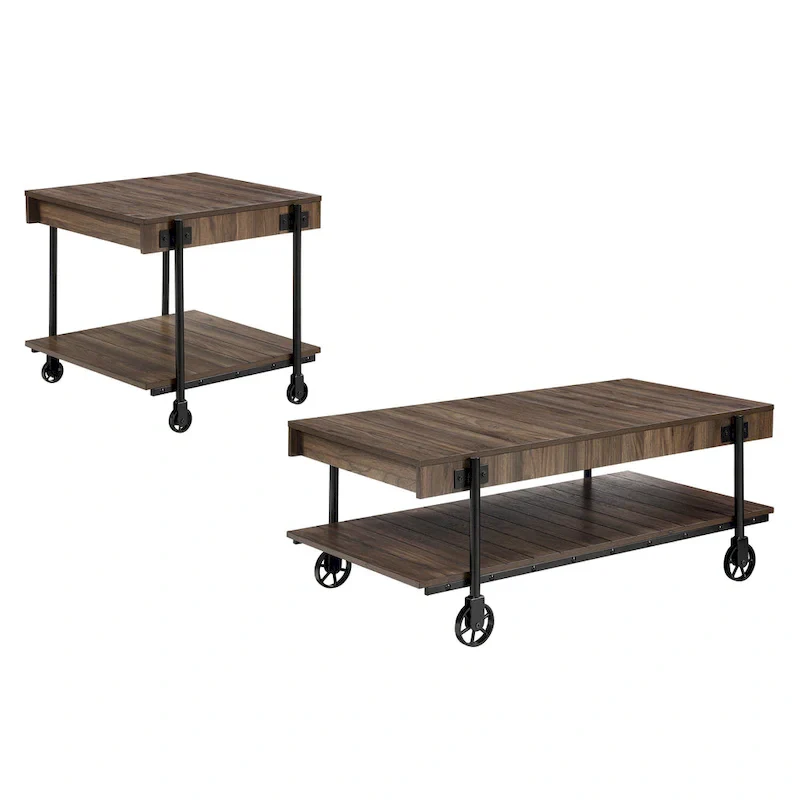 Black Farmhouse Steel 2-Piece Coffee Table Set with Wheels