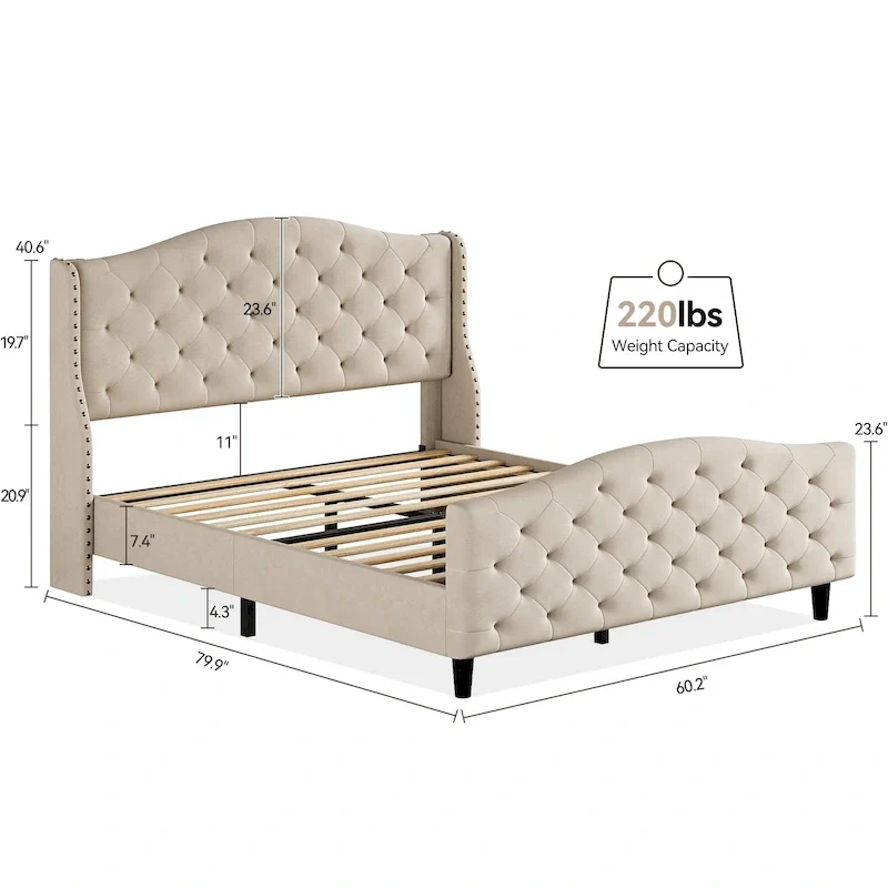Bed Frame With Velvet Upholstered Headboard And Footboard
