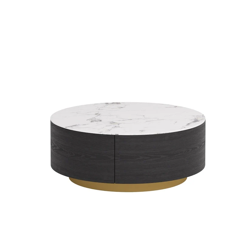 Modern Round Coffee Table with 2 Drawers, Sintered Stone Tabletop and Golden Base