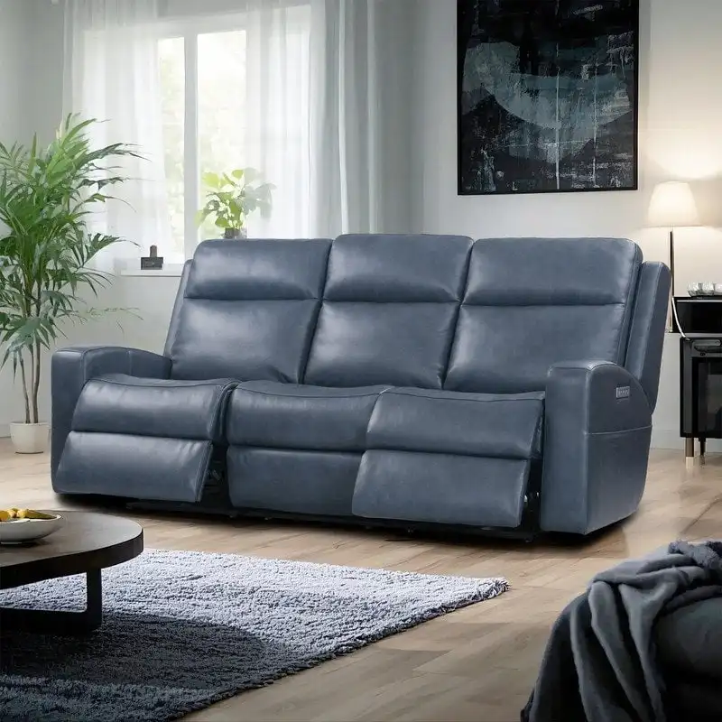 89  Wide Top Grain Leather Power Reclining Sofa Electric Recliner Sofa with Storage, USB Charge Port, Adjustable Headrest