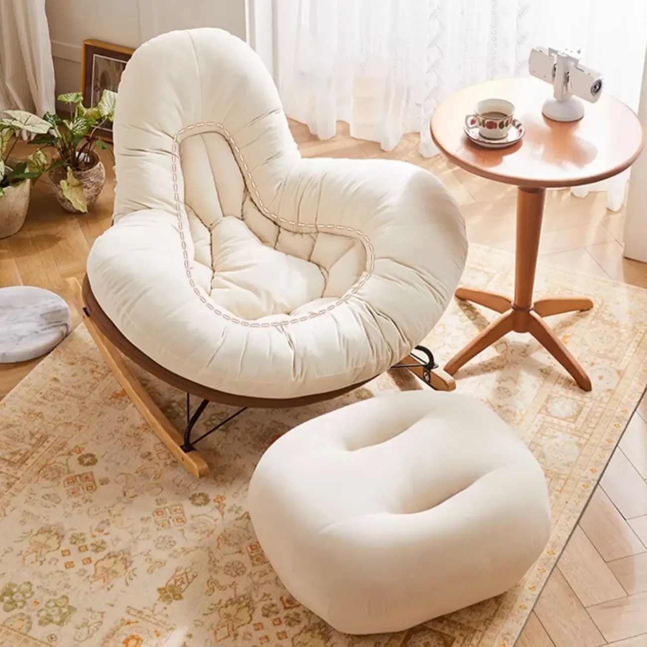 Wide Seat Upholstered Rocking Chair in Beige with Ottoman