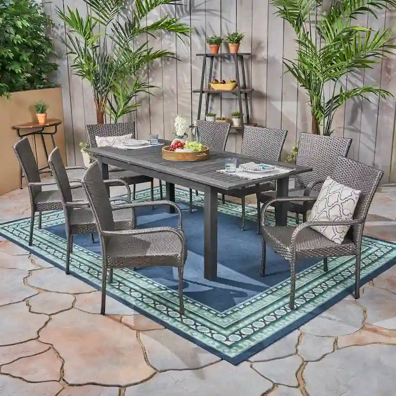 Hayes Outdoor 9 Piece Wood and Wicker Expandable Dining Set by Christopher Knight Home