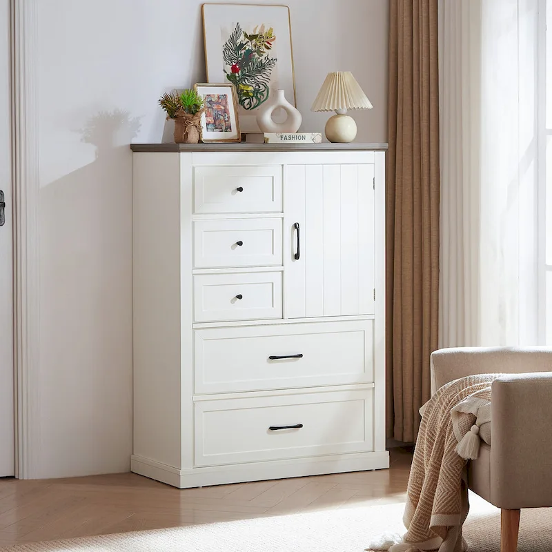 White & Gray 5-Drawer Dresser, Vintage Style Storage Chest for 1