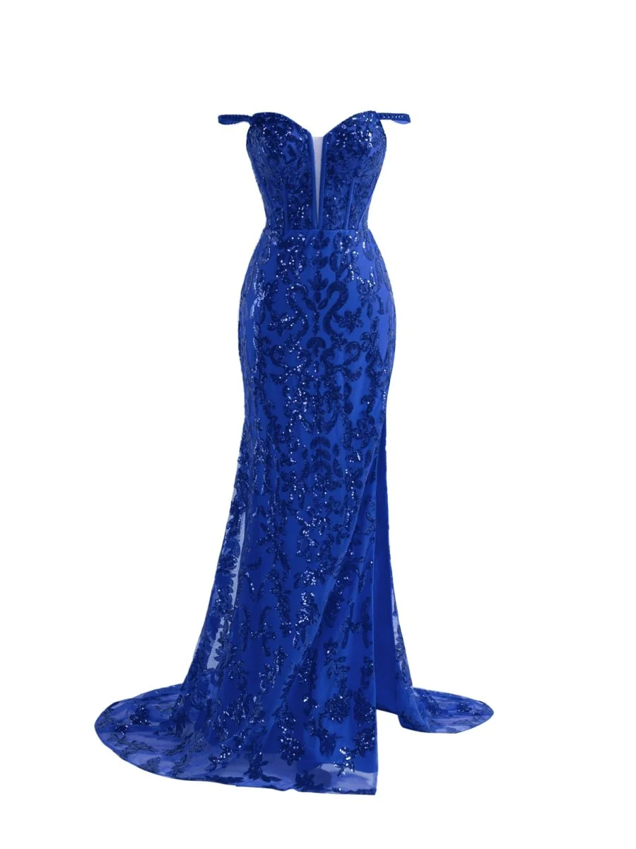 Sparkly Blue Sheath Sequins Long Prom Dress with Slit