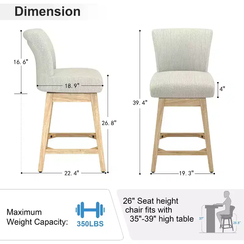Dyonery Solid Wood Swivel Counter Upholstered Bar Stool 26.8 Height Set of 2 Barstools with Back & Arms for Kitchen Island,Home Bar