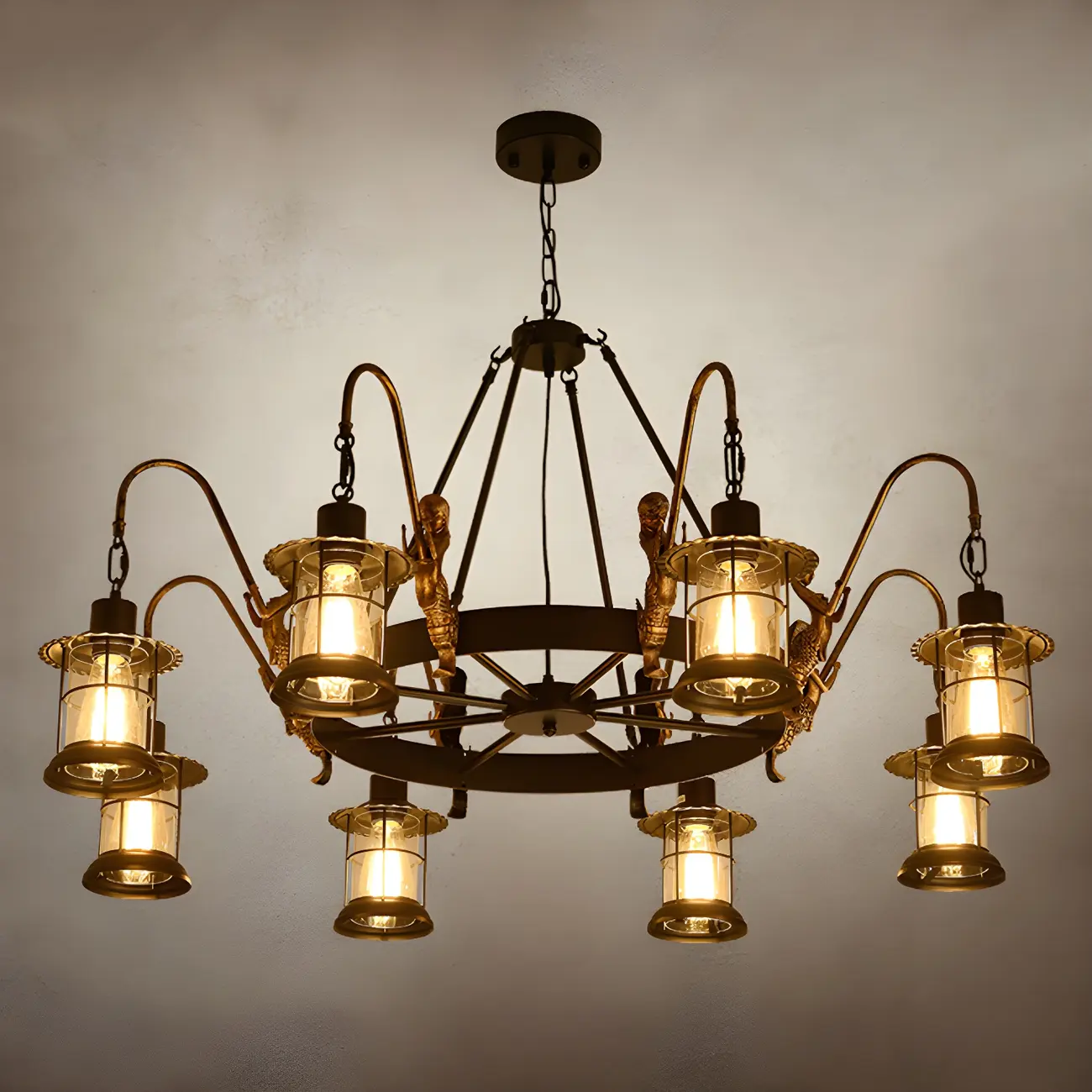 Industrial Black Metal Lantern Wheel Chandelier