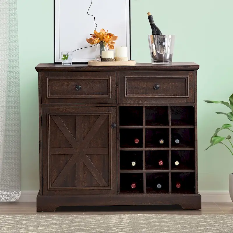 Gray Wash / Espresso Farmhouse Wooden Sideboard with Wine Racks – 1-Person Assembly
