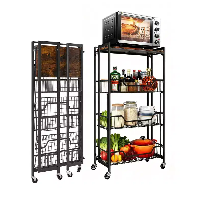 Large 4-Tier Foldable Storage Cart with Lockable Caster - 100Lbs Loading Capacity, Expandable Kitchen Organizer Storage Island, Garage Shelving
