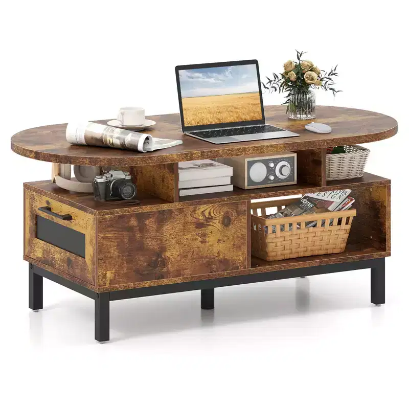 Costway 47 Oval Top Coffee Table with 4 Open Compartments & Drawer, 5 support legs Brown/Natural